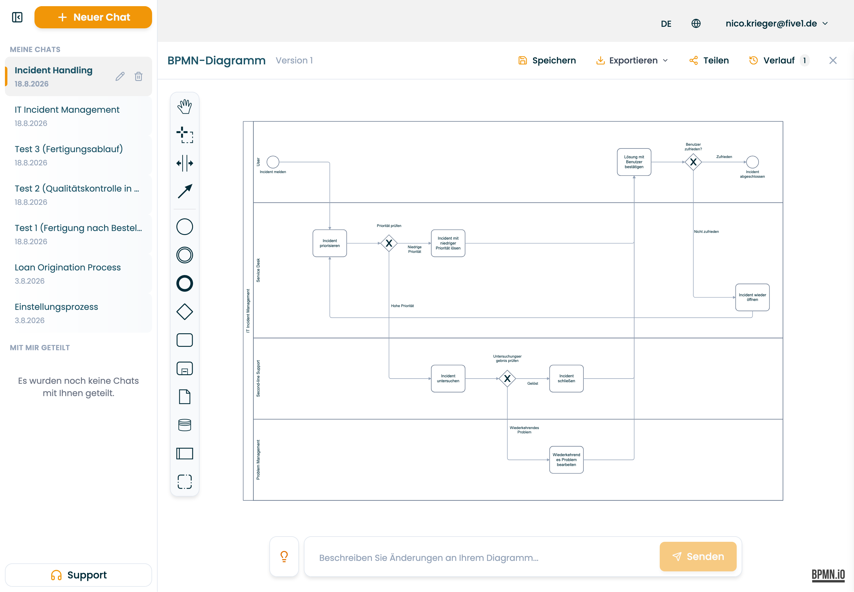 Übersicht der Process-Agent-Oberfläche mit Chat-Verlauf links und Diagramm-Arbeitsbereich rechts