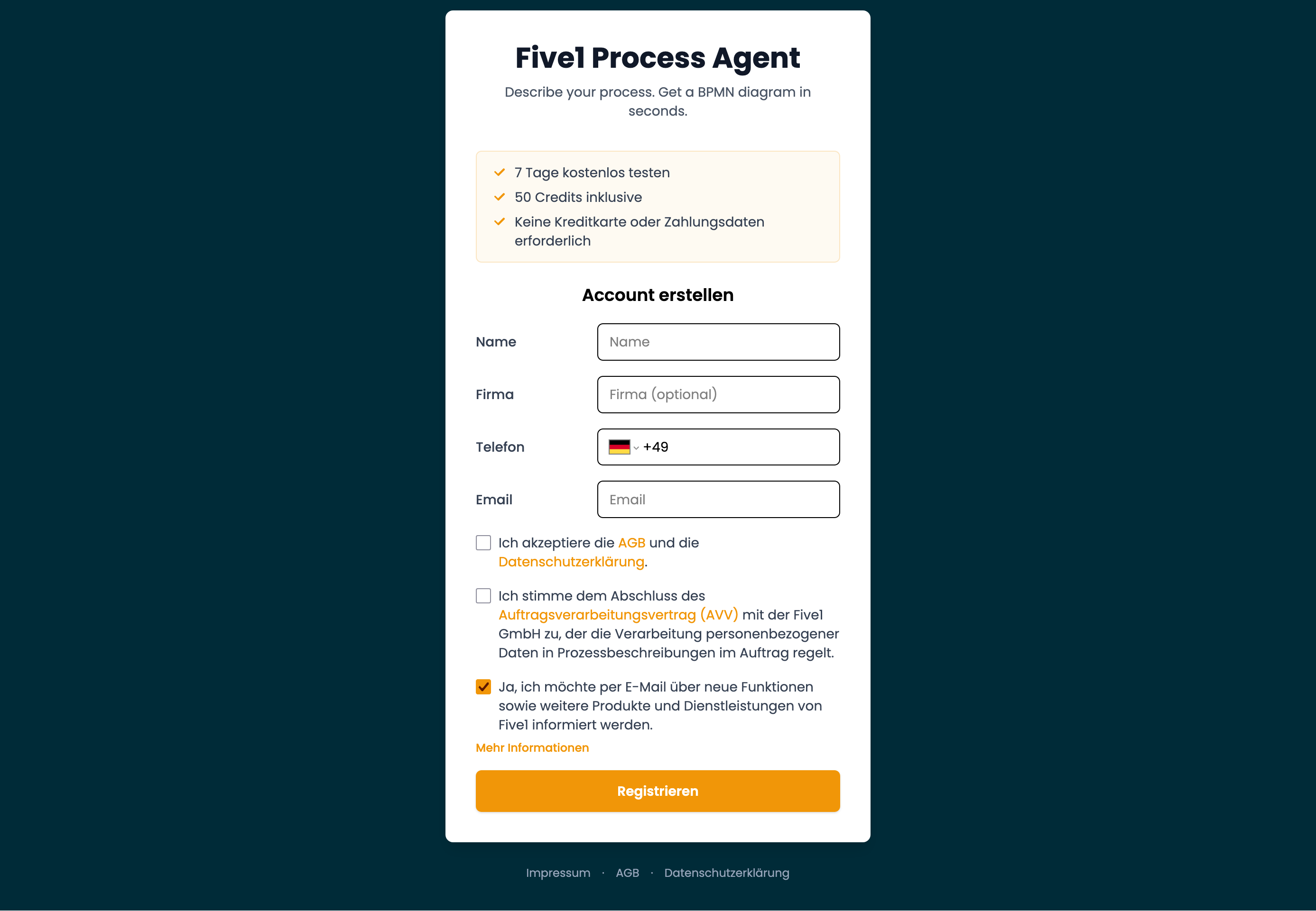 Registrierungsformular mit Namens-, Firmen-, Telefon- und E-Mail-Feldern sowie den Zustimmungs-Checkboxen