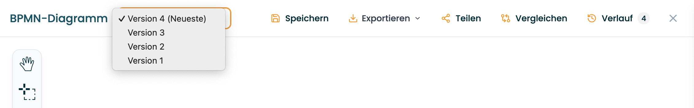 Versions-Dropdown in der Werkzeugleiste mit mehreren nummerierten Versionen